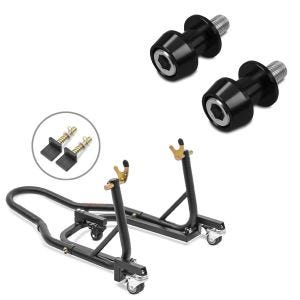 Sett: Manøvreringshjelp monteringsstativ bakhjul Mover 2 universal sort matt fra ConStands + motorsykkel prismebøssing racing adapter Motea Assen M8 svart