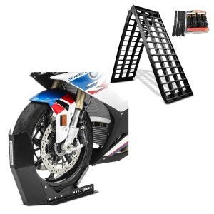 Sett: Motorsykkel aluminium rampe strammesett CS5 BL aluminium rampe maks 680kg + transportstativ ConStands Easy-Fix motorsykkel rocker opptil 21 tommer svart.