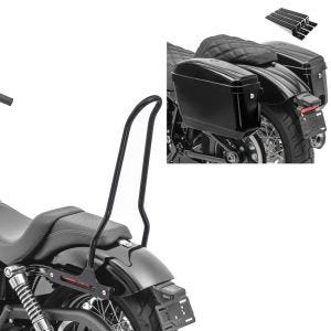 Sett: Sissy bar egnet for Harley Davidson Dyna Street Bob / Low Rider S 09-17 Craftride Tampa + motorsykkel sidekasse sett Craftride Nevada for chopper 20 liter hver inkl. holdesett