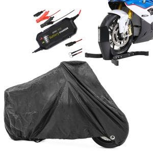 Sett: Sett motorsykkel batterilader + presenning XL svart + motorsykkel rocker Constands Easy-Plus motorsykkelstativ opp til 21 tommer svart