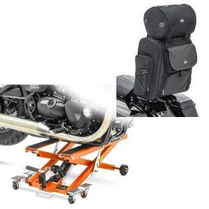 Sett: Motorsykkellift ConStands Midlift XL motorsykkelløft opp til 500 kg i oransje + motorsykkel sissy bar bag Craftride SXL halebag med bagasjerull i svart