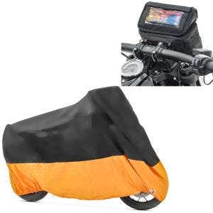 Sett: Motorsykkelstyrveske egnet for choppere og cruisere, mobiltelefonholder, navigasjonsholder Craftride LB2 + motorsykkelpresenning Craftride XXXL deksel i svart-oransje