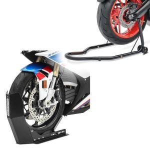 Sett: Transportstativ ConStands Easy-Fix motorsykkelvippe opptil 21 tommer svart + monteringsstativ for bakhjul ConStands Classic Universal svart