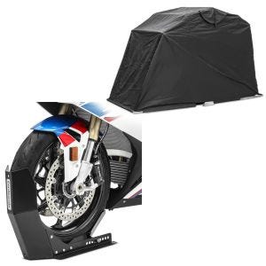 Sett: Motorsykkeltelt garasje universal sammenleggbar garasje motorsykkelgarasje Motoguard XL svart + transportstativ ConStands Easy-Fix motorsykkelrocker opp til 21 tommer svart