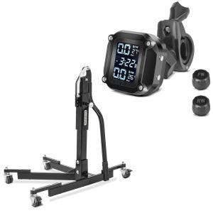 Sett: sentralstativ uten adapterplate svart motorsykkeljack ConStands Power-Evo + dekktrykkovervåkingssystem TPMS med temperaturmåler Tourtecs dekktrykkmåler digital