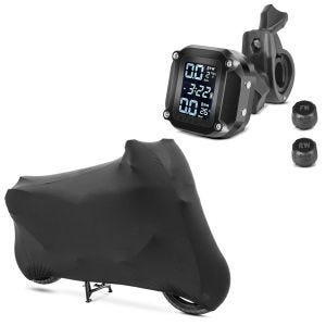 Sett: dekktrykkovervåkingssystem TPMS med temperaturmåler Tourtecs digital dekktrykkmåler + motorsykkeldeksel Indoor Craftride XL-XXL Stretch Garage i svart