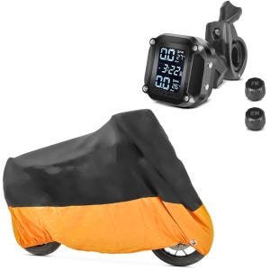 Sett: dekktrykkovervåkingssystem TPMS med temperaturmåler Tourtecs digital dekktrykkmåler + motorsykkelpresenning Craftride XXXL deksel i svart-oransje
