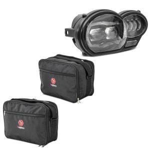 Sett: LED-frontlykt egnet for BMW R 1200 GS 04-12 ECE Lumitecs QL4 med Vario-koffert innervesker NV