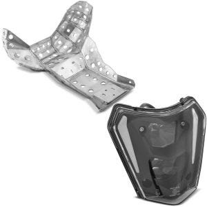 Sett: Motorbeskyttelse egnet for KTM EXC 300 250 14-16 aluminium eksosmanifold beskyttelse med LED hovedlys E-merke DRL SW1