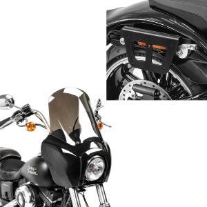 Sett: salveskeholder egnet for Harley Davidson Dyna 91-17 koffertstativ avtagbar Craftride QL høyre + frontkledning egnet for Harley Davidson Dyna Low Rider / Street Bob Craftride MG5 med svart-røyk grått vindu
