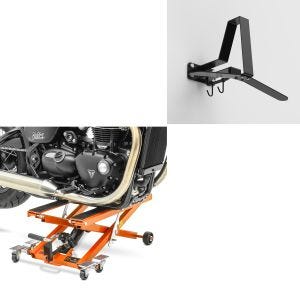 Sett: Motorsykkelløft Midlift XL opptil 500 kg oransje ConStands med garderobe WH2 sw
