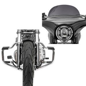 Sett: Crash bar Bart egnet for Harley Davidson Softail 18-24 Crash bar 32mm krom Craftride + frontrute egnet for Harley Davidson Sport Glide 18-24 Craftride M frontrute mørk tonet