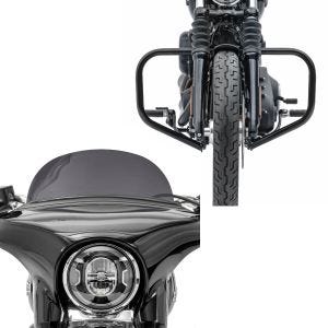 Sett: Crash bar egnet for Harley Davidson Softail 18-24 motorbeskyttelsesstang HB4 svart Craftride + frontrute egnet for Harley Davidson Sport Glide 18-24 Craftride M frontrute mørk tonet