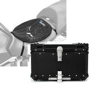 Sett: Motorsykkel gel setepute neopren L sw Tourtecs med aluminium toppkoffert XB65 aluminium univ 65 liter sw