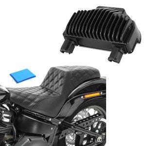Sett: spenningsregulator egnet for Harley Davidson Dyna 08-17 likeretter ladekontroller Craftride + dobbel sete gel egnet for Harley Davidson Dyna Fat Bob 08-17 duo sete Craftride SP6 svart