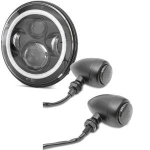 Sett: LED-hovedlys 7" + LED-indikator BL15 egnet for chopper foran og bak