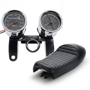 Sett: Hastighetsmåler turteller analog VTV krom + sete egnet for cafe racer konvertering + pukkel pukkel