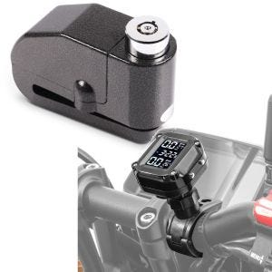 Sett: bremseskivelåsalarm 120dB + dekktrykkovervåkingssystem RDKS TPMS + temperaturmåler digital dekktrykktester