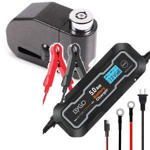 Sett: Bremseskivelåsalarm 120dB tyverisikring + batterilader BX2