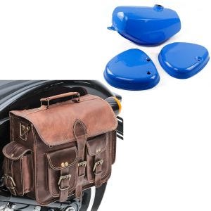 Sett: Tank / bensintank egnet for Simson S70 med sidedeksel blå med salveske SV3 Vintage 6L brun