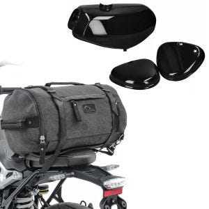 Sett: Tank / bensintank egnet for Simson S51 med sidedeksel Craftride svart med bakpose Vintage 25L grå