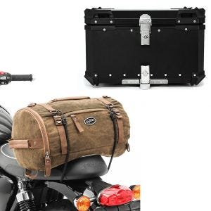 Sett: Motorsykkel hale bag Vintage 25L brun Craftride med aluminium toppkoffert XB65 aluminium univ 65 liter sort