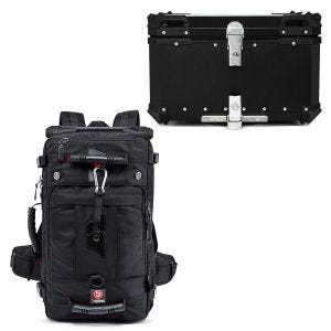 Sett: Motorsykkelryggsekk HK4 45Ltr sw Bagtecs med toppkoffert i aluminium XB65 Alu univ 65 liter sw