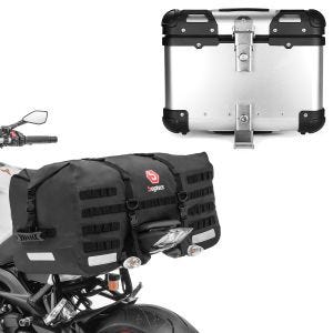 Sett: Motorsykkel hale bag SX70 70 liter vanntett sw Bagtecs med aluminium toppkoffert XS45 aluminium univ 45 liter sølv