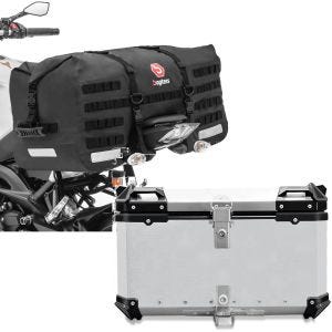 Sett: Motorsykkel hale bag SX70 70 liter vanntett sw Bagtecs med aluminium toppkoffert XB65 aluminium univ 65 liter sølv