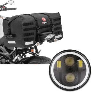 Sett: Motorsykkel hale bag Bagtecs SX70 70L vanntett i svart + LED frontlykt 5,75 tommer egnet for Harley Davidson frontlykt svart Craftride M18