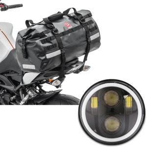 Sett: Motorsykkel hale bag tørr bag Bagtecs XB50 vanntett volum 50l + LED frontlykt 5,75 tommer egnet for Harley Davidson frontlykt svart Craftride M18