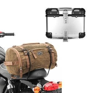 Sett: Motorsykkel hale bag Vintage 25L brun Craftride med aluminium toppkoffert XS45 aluminium univ 45 liter sølv