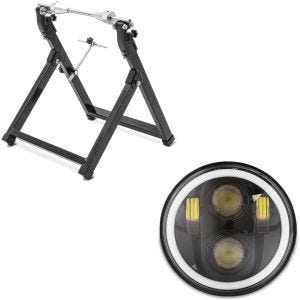 Sett: balanseringsstativ motorsykkel ConStands WU-2 balanseringsenhet svart + LED frontlykt 5,75 tommer egnet for Harley Davidson frontlykt svart Craftride M18