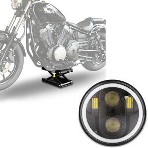 Sett: Motorsykkelløfter ConStands Midlift M motorsykkelløfter for choppere opp til 500 kg i sort + LED-hovedlys 5,75 tommer egnet for Harley Davidson-hodelykt svart Craftride M18