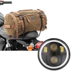 Sett: Motorsykkel hale bag vintage 25L canvas ryggsekk bagasjerull brun Craftride + LED frontlykt 5,75 tommer egnet for Harley Davidson frontlykt svart Craftride M18
