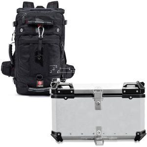 Sett: Motorsykkelryggsekk HK4 45Ltr sw Bagtecs med aluminium toppkoffert XB65 aluminium univ 65 liter sølv