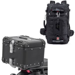 Sett: Motorsykkelryggsekk HK4 45Ltr sw Bagtecs med toppkoffert i aluminium XS45 Alu univ 45 liter sw