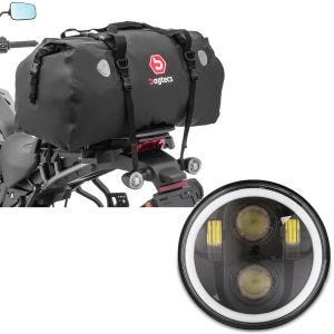 Sett: Motorsykkel hale bag tørr bag Bagtecs XF80 vanntett volum 80l + LED frontlykt 5,75 tommer egnet for Harley Davidson frontlykt svart Craftride M18