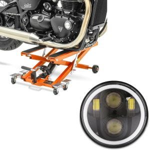 Sett: Motorsykkelløft ConStands Midlift XL motorsykkelløft opp til 500 kg i oransje + LED-hovedlys 5,75 tommer egnet for Harley Davidson-hovedlys svart Craftride M18
