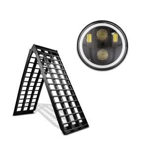 Sett: Adkomstrampe i aluminium Constands V svart, opptil 680 kg, sammenleggbar, for motorsykkel, scooter, quad, ATV + LED-frontlykt 5,75 tommer egnet for Harley Davidson hovedlykt svart Craftride M18