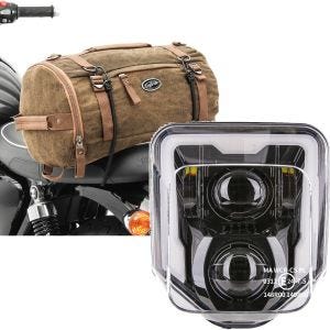 Sett: Motorsykkel hale bag Vintage 25L brun Craftride med LED hovedlys Husqvarna med ECE GP1