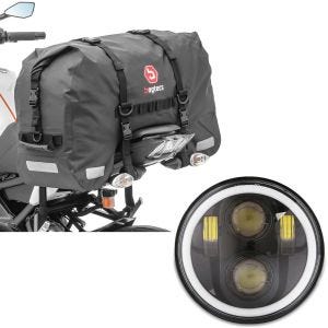 Sett: Motorsykkel hale bag Bagtecs SX45 vanntett volum 45L rullelukking + LED frontlykt 5,75 tommer egnet for Harley Davidson frontlykt svart Craftride M18