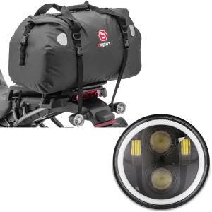 Sett: Motorsykkel hale bag tørr bag Bagtecs XF60 vanntett volum 60l + LED frontlykt 5,75 tommer egnet for Harley Davidson frontlykt svart Craftride M18