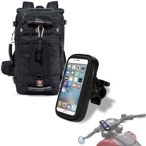 Sett: Motorsykkelryggsekk HK4 45Ltr sw Bagtecs med smarttelefonholder SH10 opp til 6,3" tommer med holder egnet for styre