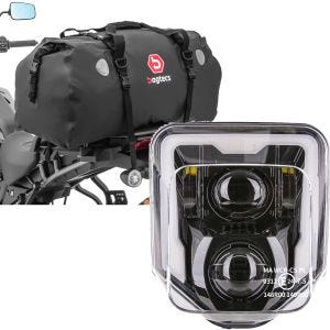Sett: Motorsykkel hale bag Drybag XF80 vanntett volum 80l Bagtecs med LED hovedlys Husqvarna med ECE GP1