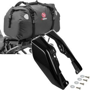 Sett: Motorsykkel hale bag tørr bag Bagtecs XF60 vanntett volum 60l + mellomramme vindavviser egnet for Harley Davidson Touring 09-24 varmebeskyttelse Craftride WA3 svart