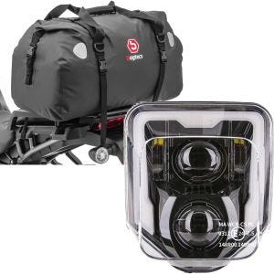 Sett: Motorsykkel hale bag Drybag XF60 vanntett volum 60l Bagtecs med LED hovedlys Husqvarna med ECE GP1