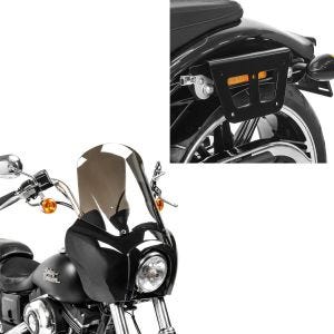 Sett: salveskeholder egnet for Harley Davidson Dyna 91-17 koffertstativ avtagbar Craftride QL venstre + frontkledning egnet for Harley Davidson Dyna Low Rider / Street Bob Craftride MG5 med svart-røyk grått vindu