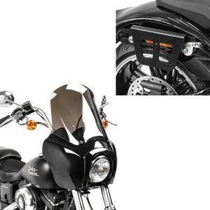 Sett: salveskeholder egnet for Harley Davidson Dyna 91-17 koffertstativ avtagbar Craftride QL høyre + frontkledning egnet for Harley Davidson Dyna Low Rider / Street Bob Craftride MG5 med svart-røyk grått vindu