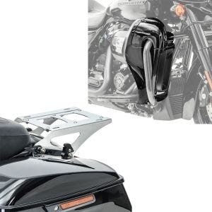 Sett: benskjold egnet for Harley Davidson Touring-modeller 14-24 Craftride ventilert svart + bagasjehylle TP avtagbar egnet for Harley Davidson Touring-modeller 14-24 krom Craftride